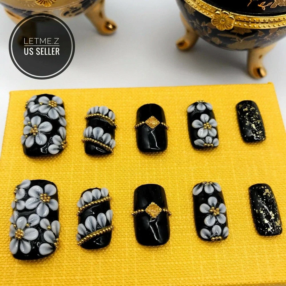 Press on Nails‎ Glue On Acrylic 3D Flower Black Gold
